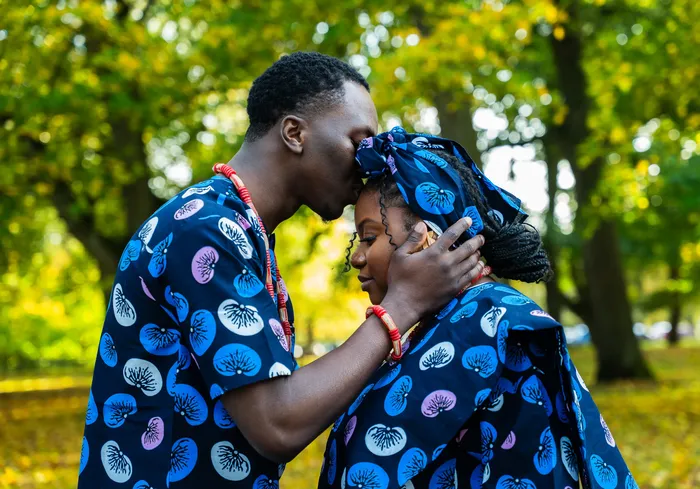 Pre-wedding couple shoot in matching blue Ankara print, photographed by Imisi Bamiro, Coventry photographer