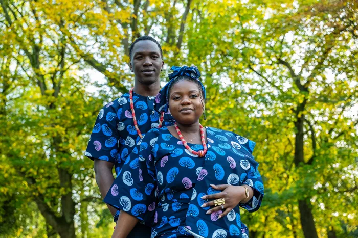Pre-wedding couple shoot in matching blue Ankara print, photographed by Imisi Bamiro, Coventry photographer