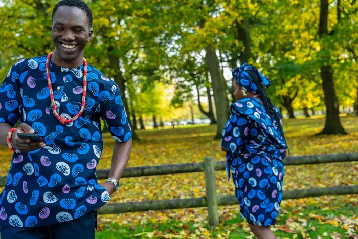 Pre-wedding couple shoot in matching blue Ankara print, photographed by Imisi Bamiro, Coventry photographer