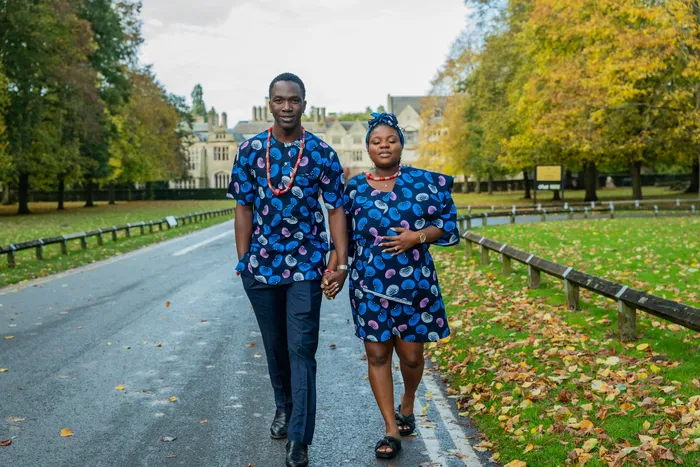 Pre-wedding couple shoot in matching blue Ankara print, photographed by Imisi Bamiro, Coventry photographer
