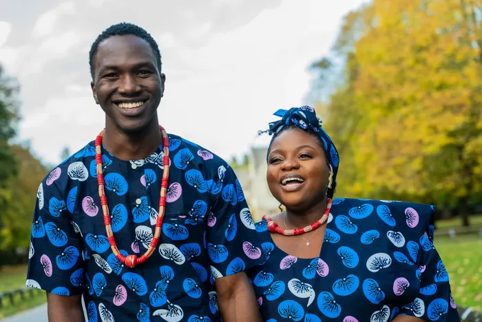Pre-wedding couple shoot in matching blue Ankara print, photographed by Imisi Bamiro, Coventry photographer